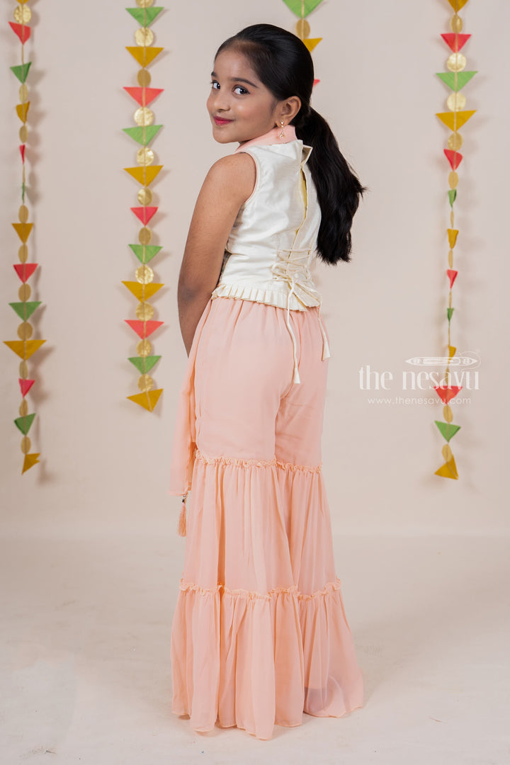 The Nesavu Sets & Suits High-Neck Designer Embroidery Crop Top With Crepe Layered Sharara Pant For Girls psr silks Nesavu