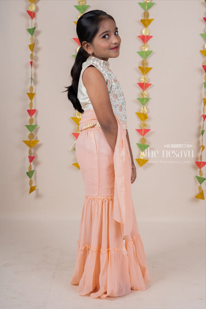 The Nesavu Sets & Suits High-Neck Designer Embroidery Crop Top With Crepe Layered Sharara Pant For Girls psr silks Nesavu