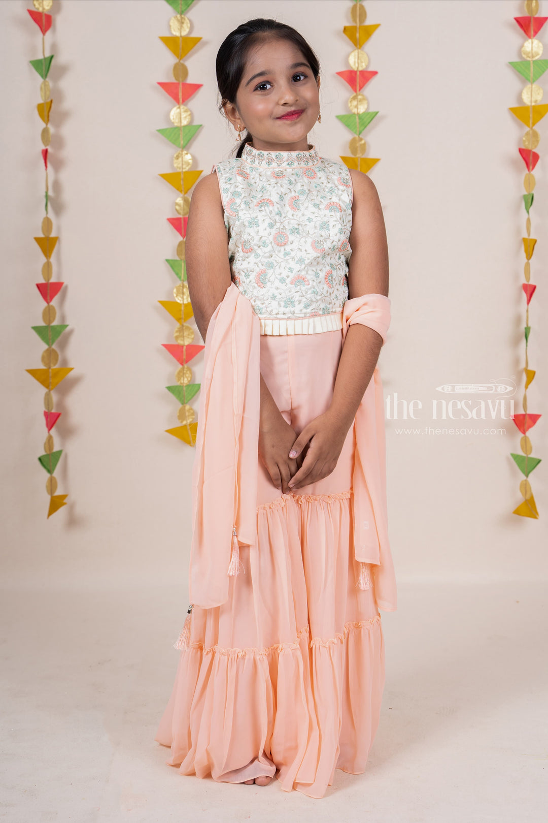 The Nesavu Sets & Suits High-Neck Designer Embroidery Crop Top With Crepe Layered Sharara Pant For Girls psr silks Nesavu