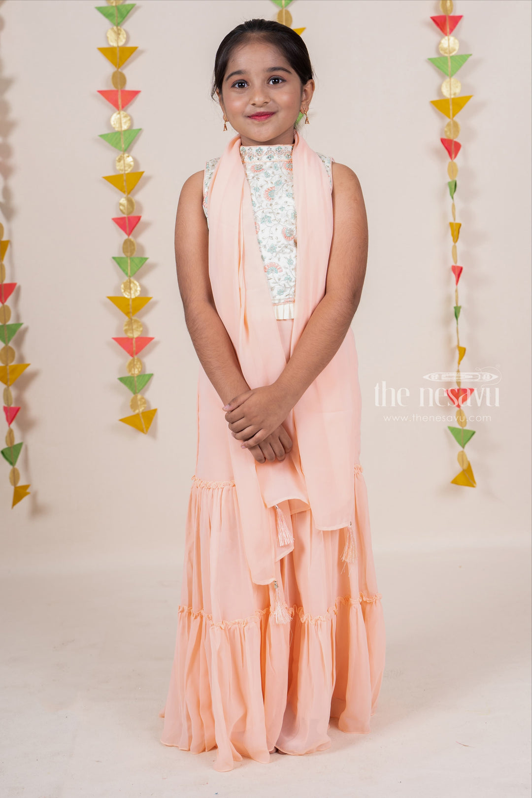 The Nesavu Sets & Suits High-Neck Designer Embroidery Crop Top With Crepe Layered Sharara Pant For Girls psr silks Nesavu