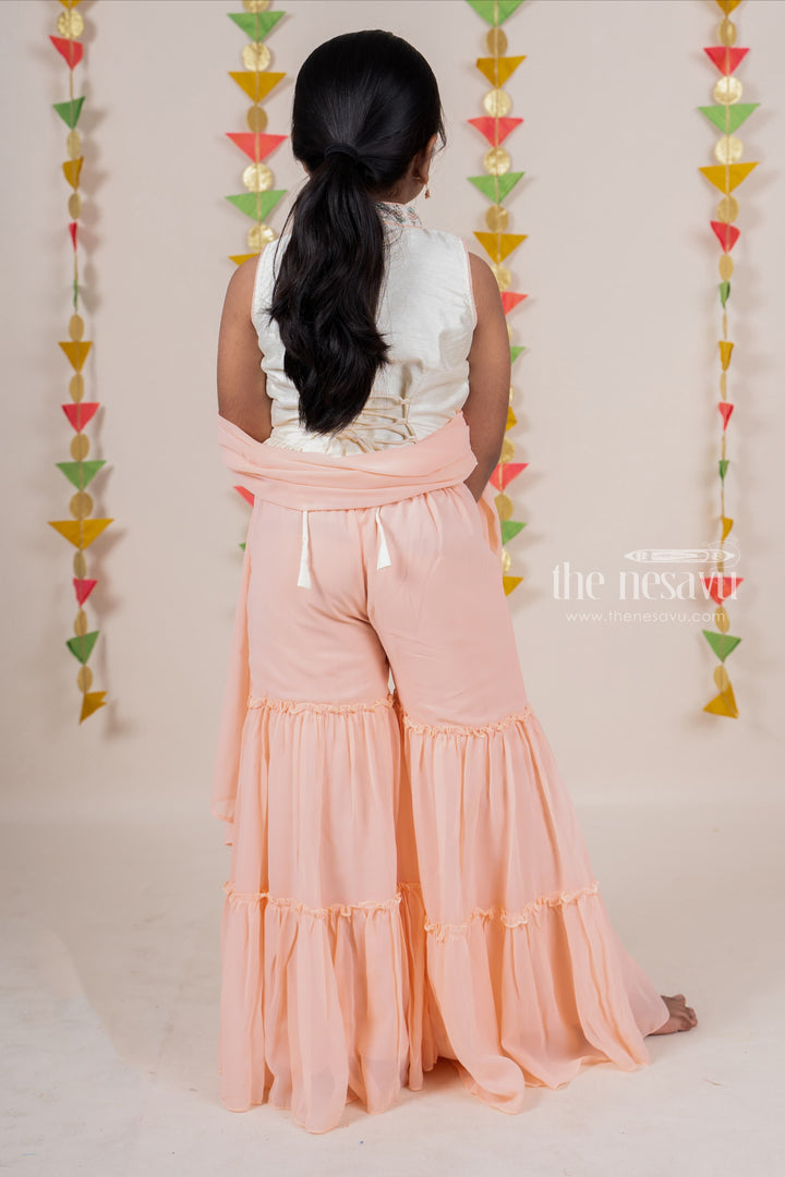 The Nesavu Sets & Suits High-Neck Designer Embroidery Crop Top With Crepe Layered Sharara Pant For Girls psr silks Nesavu