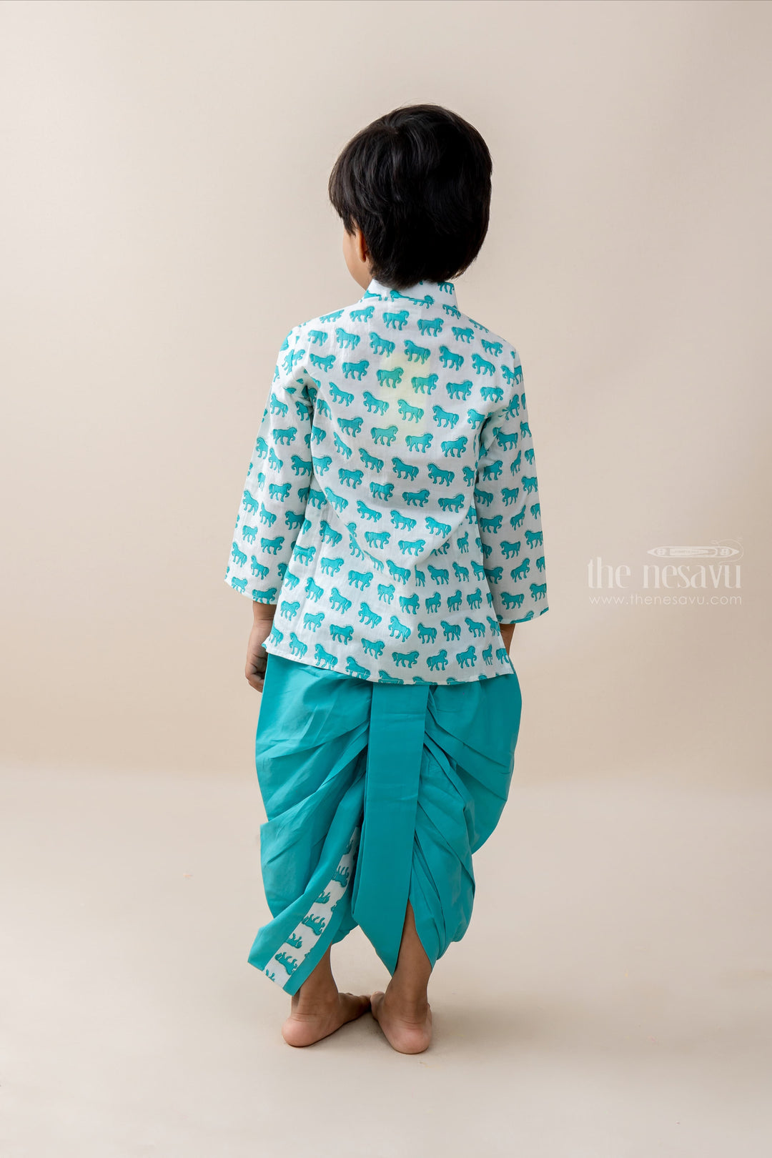 The Nesavu Ethnic Sets Horse Printed Sky Blue Cotton Kurta Suit For Baby Boys psr silks Nesavu