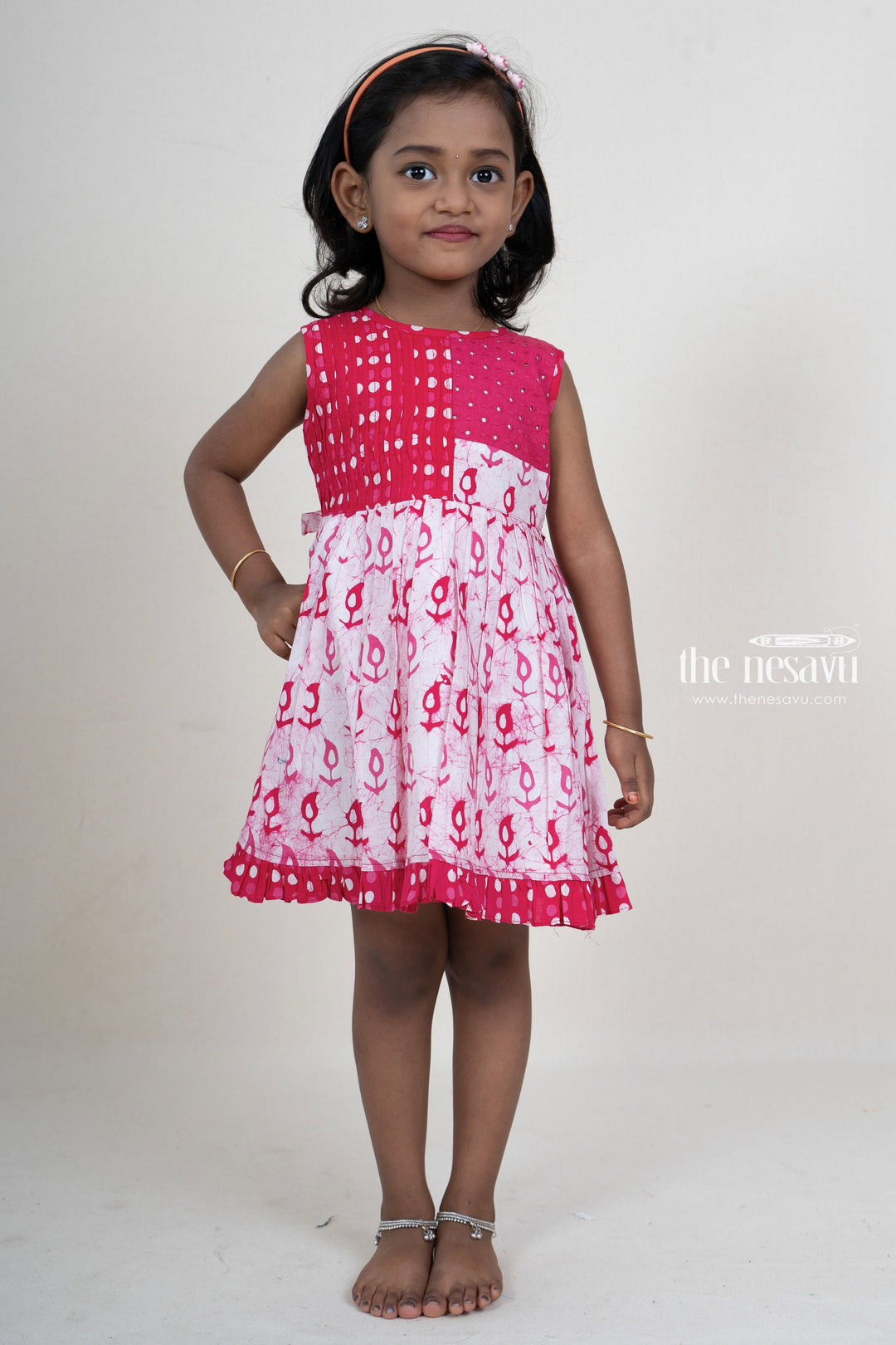 The Nesavu Baby Frock / Jhabla Hot Pink Pin-Tucked Tie-Dyed Sleeveless Cotton Gown For Baby Girls psr silks Nesavu 14 (6M) / Deeppink BFJ330A