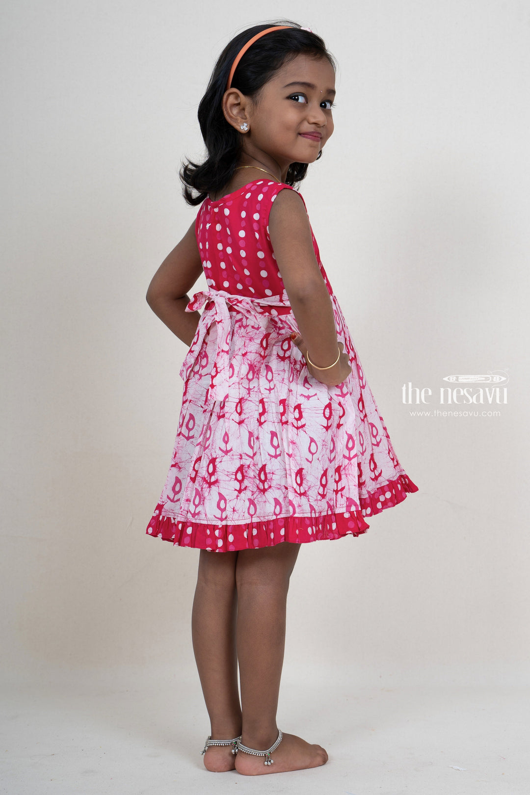 The Nesavu Baby Frock / Jhabla Hot Pink Pin-Tucked Tie-Dyed Sleeveless Cotton Gown For Baby Girls psr silks Nesavu