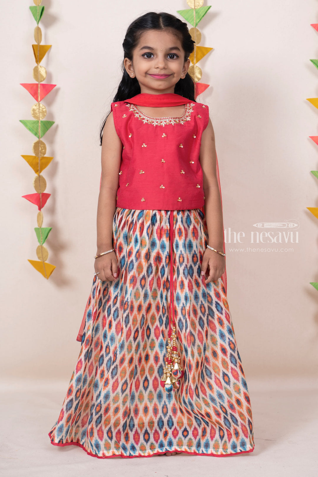 The Nesavu Lehenga & Ghagra Ikkat Designer Red Raw Silk Choli Wear For Baby Girls psr silks Nesavu 16 (1Y) / Red GL254