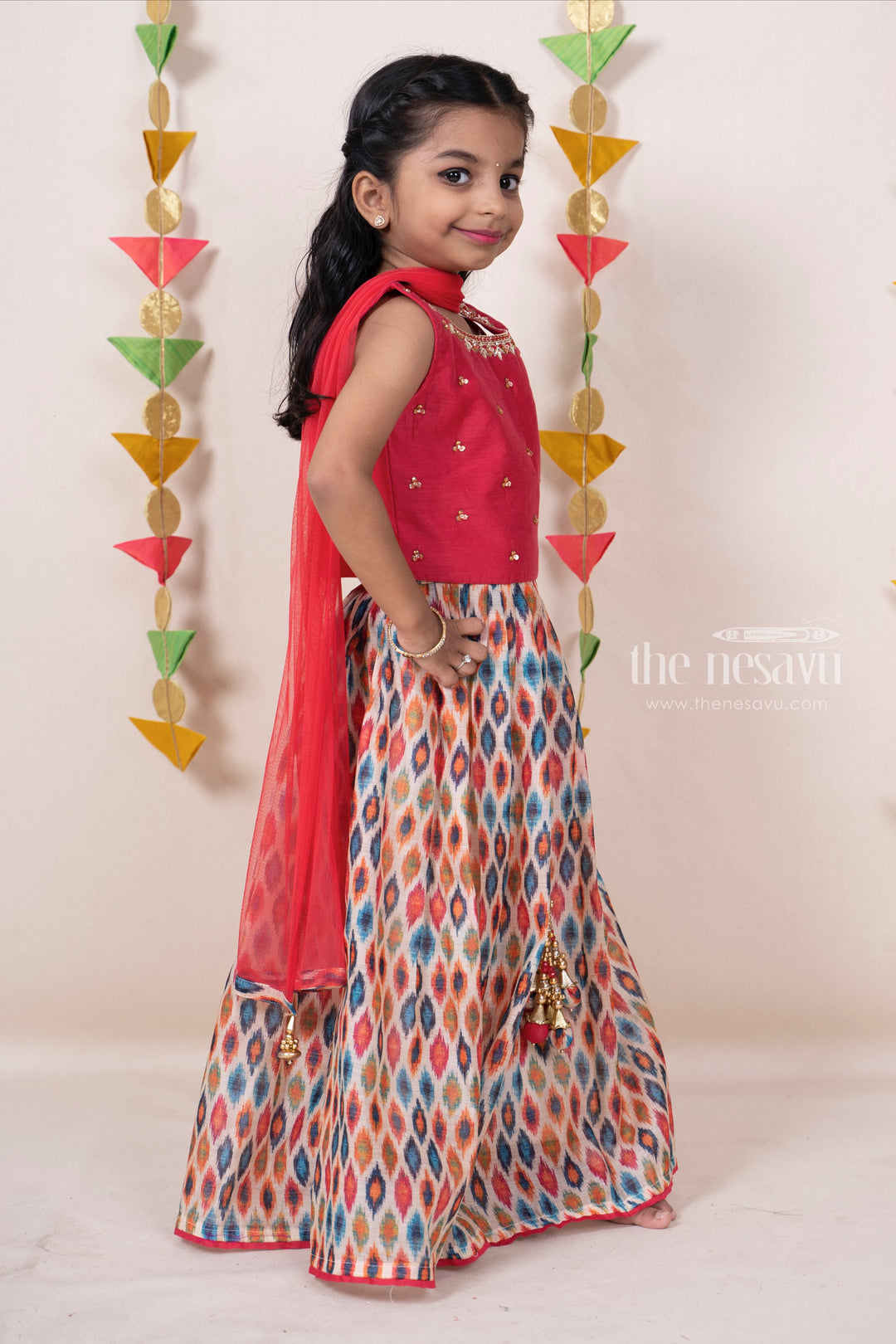 The Nesavu Lehenga & Ghagra Ikkat Designer Red Raw Silk Choli Wear For Baby Girls psr silks Nesavu