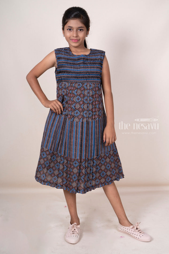 The Nesavu Frocks & Dresses Ikkat Designer Soft Cotton Navy Blue Cotton Gown For Girl Kids psr silks Nesavu 16 (1Y) / MidnightBlue GFC904