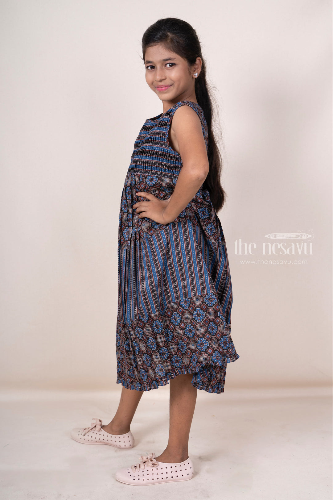 The Nesavu Frocks & Dresses Ikkat Designer Soft Cotton Navy Blue Cotton Gown For Girl Kids psr silks Nesavu