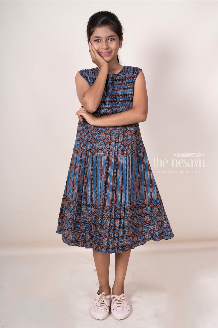 The Nesavu Frocks & Dresses Ikkat Designer Soft Cotton Navy Blue Cotton Gown For Girl Kids psr silks Nesavu