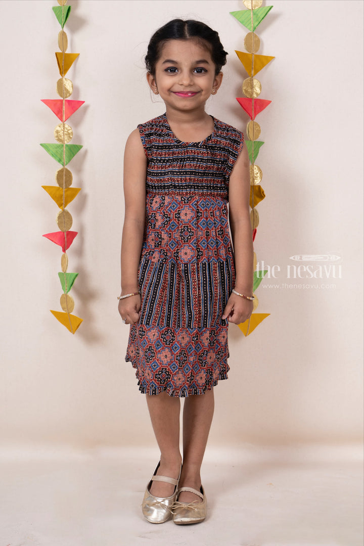The Nesavu Frocks & Dresses Ikkat Printed Pin Tucked Casual Daily Wear Frock For Girl Kids psr silks Nesavu 16 (1Y) / DarkRed GFC905