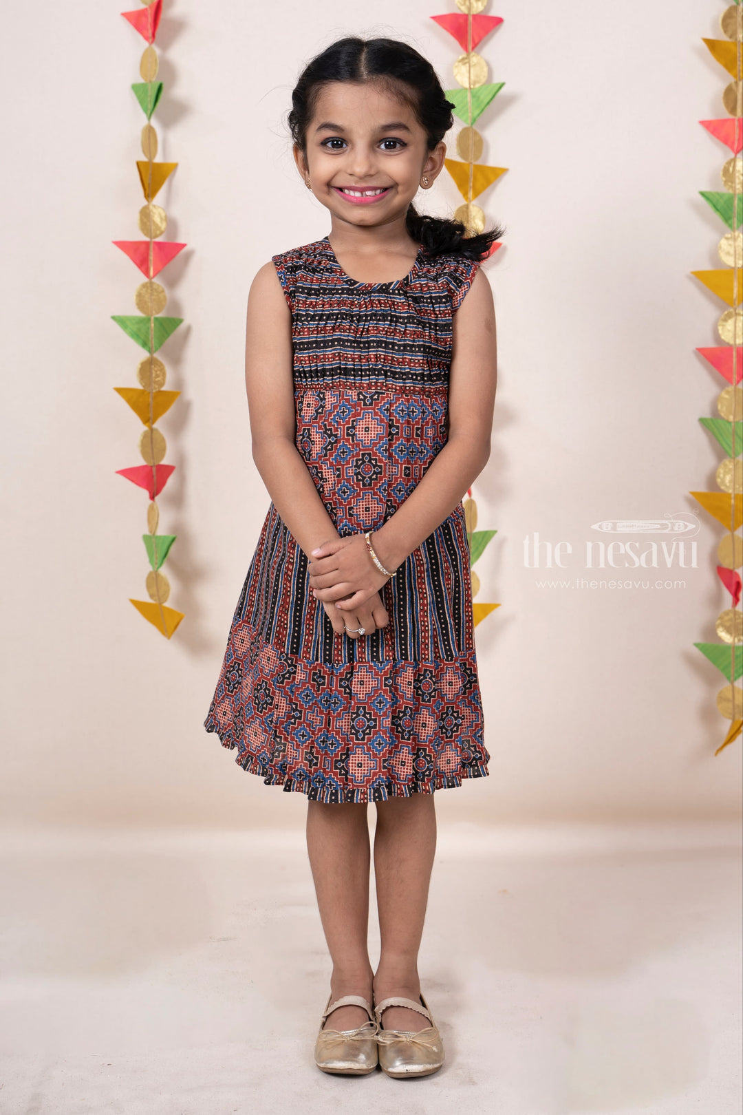 The Nesavu Frocks & Dresses Ikkat Printed Pin Tucked Casual Daily Wear Frock For Girl Kids psr silks Nesavu
