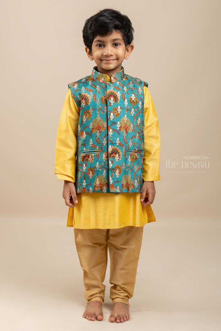 The Nesavu Ethnic Sets Impressive Silk Cotton Gold Kurta Set With Floral Printed Designer Overcoat For Boys psr silks Nesavu 16 (1Y ) / Gold BES241B
