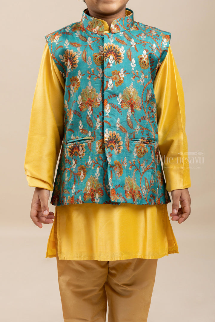 The Nesavu Ethnic Sets Impressive Silk Cotton Gold Kurta Set With Floral Printed Designer Overcoat For Boys psr silks Nesavu