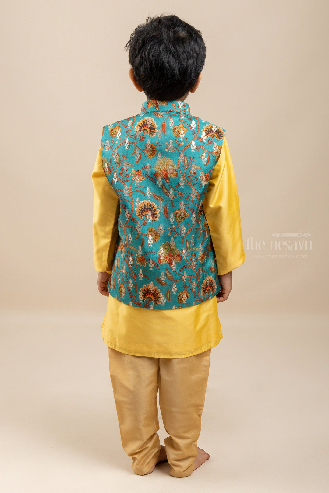 The Nesavu Ethnic Sets Impressive Silk Cotton Gold Kurta Set With Floral Printed Designer Overcoat For Boys psr silks Nesavu