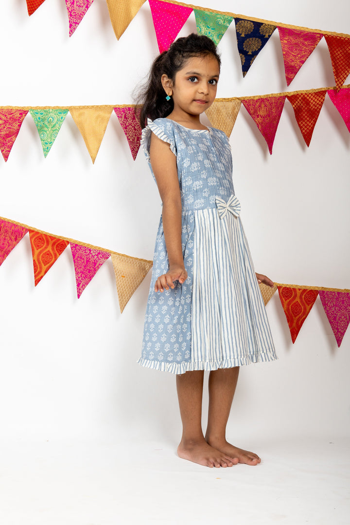 The Nesavu Frocks & Dresses Indigo Blue Pin-Tucked Ruffle Ended Baby Girls Gown psr silks Nesavu 14 (6M) / Blue GFC852A