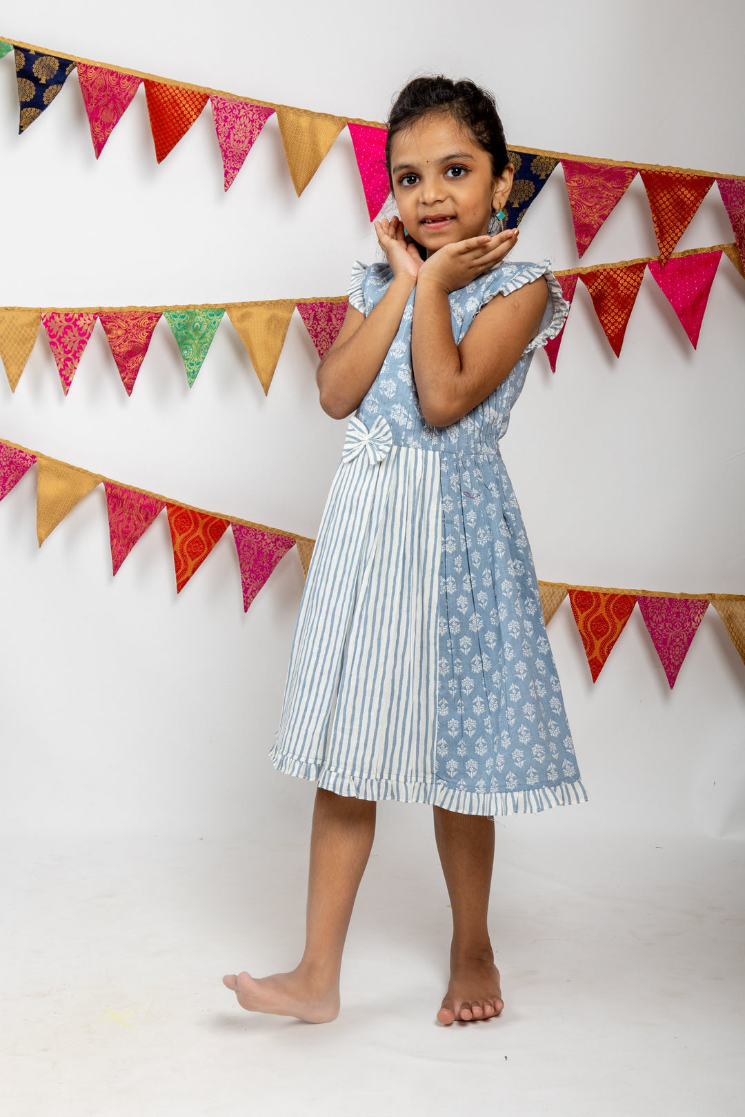 The Nesavu Frocks & Dresses Indigo Blue Pin-Tucked Ruffle Ended Baby Girls Gown psr silks Nesavu