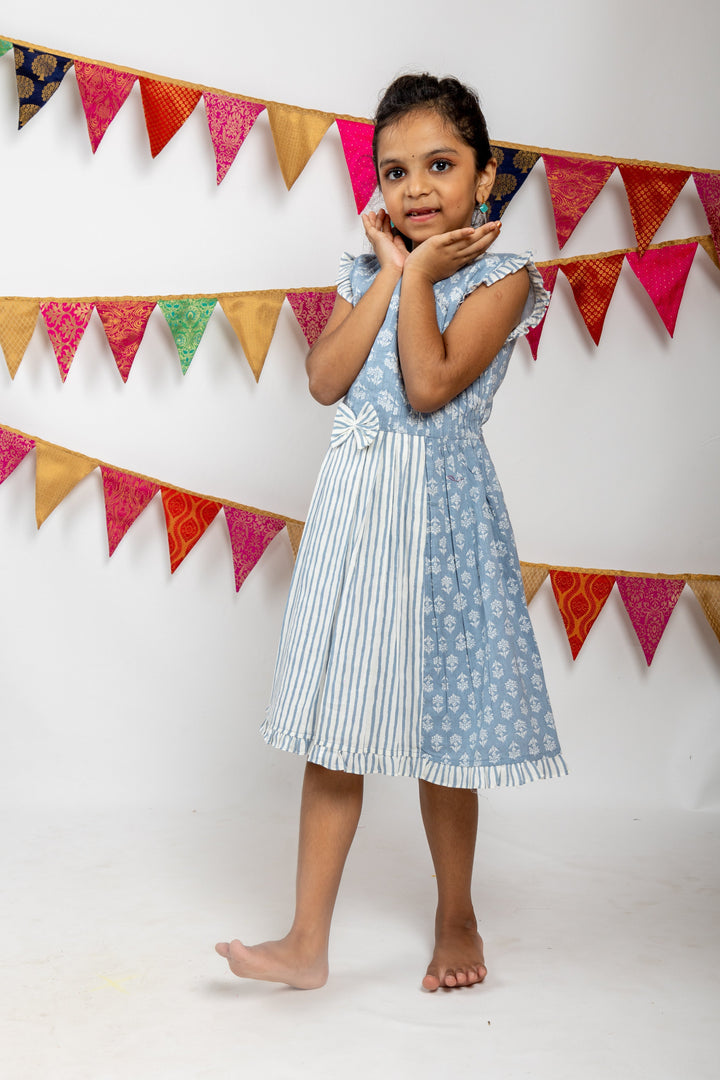 The Nesavu Frocks & Dresses Indigo Blue Pin-Tucked Ruffle Ended Baby Girls Gown psr silks Nesavu