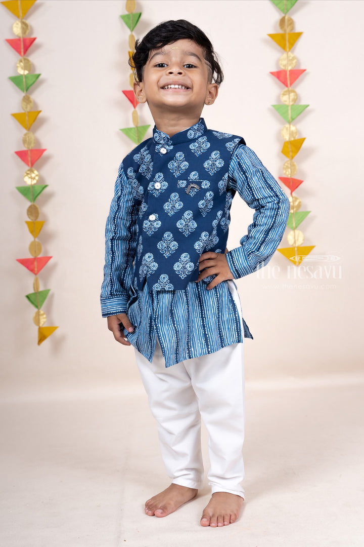 The Nesavu Ethnic Sets Indigo Blue Soft Cotton Printed Kurta Suit For Baby Boys psr silks Nesavu 10 (NB) / Navyblue BES192