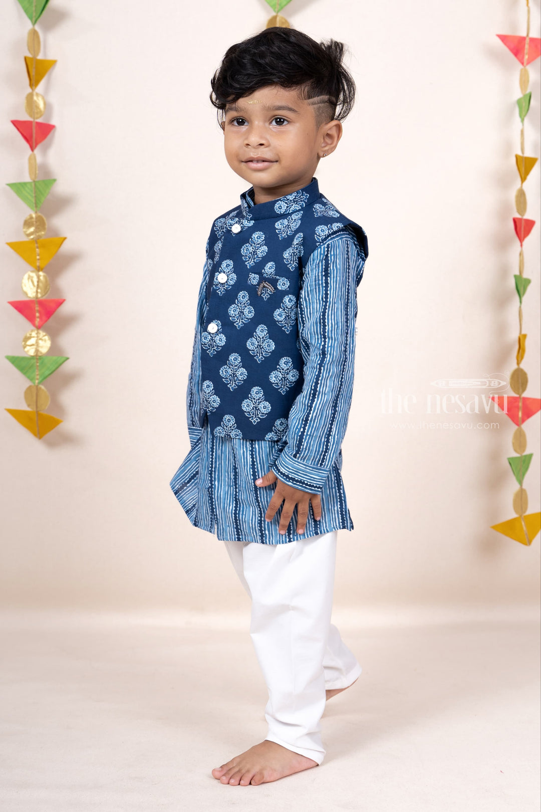 The Nesavu Ethnic Sets Indigo Blue Soft Cotton Printed Kurta Suit For Baby Boys psr silks Nesavu