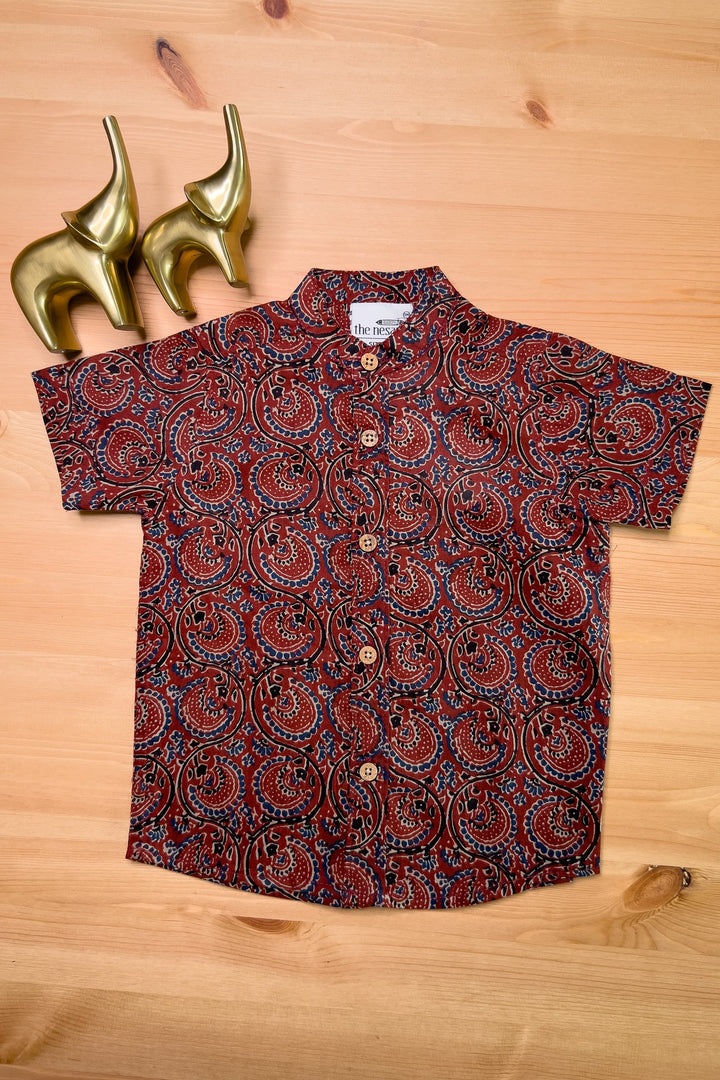The Nesavu Boys Shirts Kalamkari Prints - Red Printed Soft Cotton Shirt For New Born Baby Boys psr silks Nesavu 14 (6M) / maroon BS005