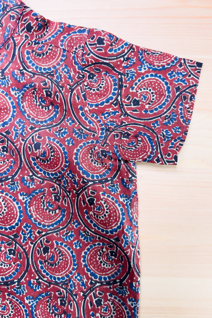 The Nesavu Boys Shirts Kalamkari Prints - Red Printed Soft Cotton Shirt For New Born Baby Boys psr silks Nesavu