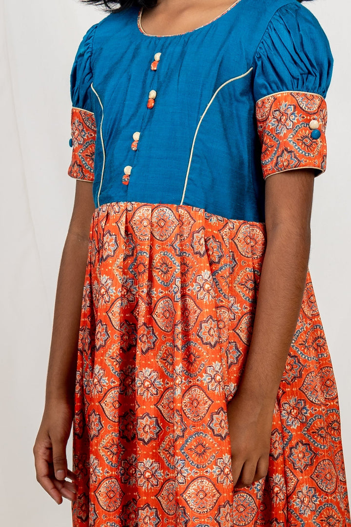 The Nesavu Kids Anarkali Latest Blue With Orange Designer Silk Frock For Girls With Embellishments psr silks Nesavu