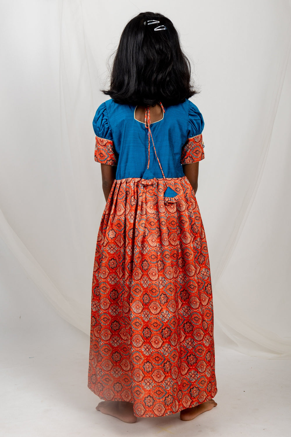The Nesavu Kids Anarkali Latest Blue With Orange Designer Silk Frock For Girls With Embellishments psr silks Nesavu