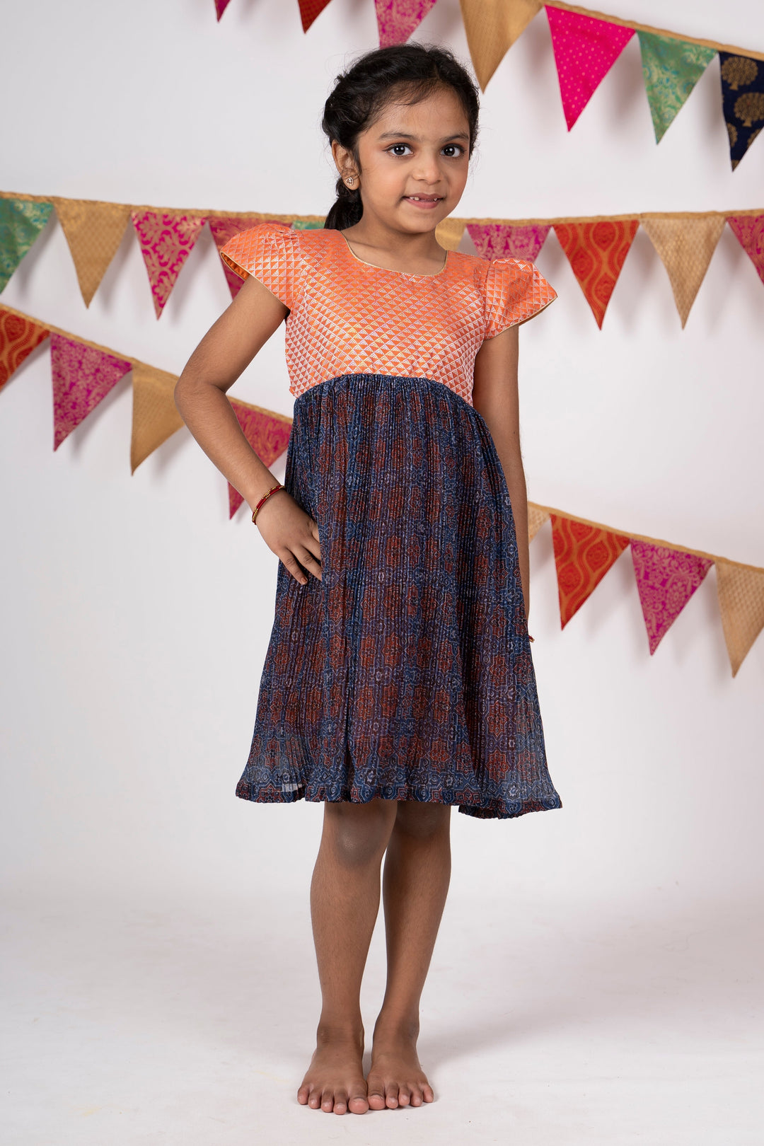 The Nesavu Frocks & Dresses Latest Crushed Semi-Cotton Gown With Contrasting Flutter Sleeve Yoke For Girls psr silks Nesavu 16 (1Y) / coral GFC880