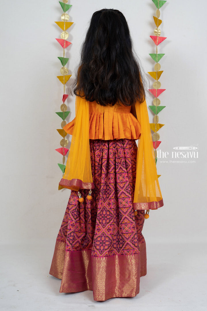 The Nesavu Pattu Pavadai Latest Designer Pink Pattu Pavada With Yellow Embroidery Peplum Pleated Blouse psr silks Nesavu