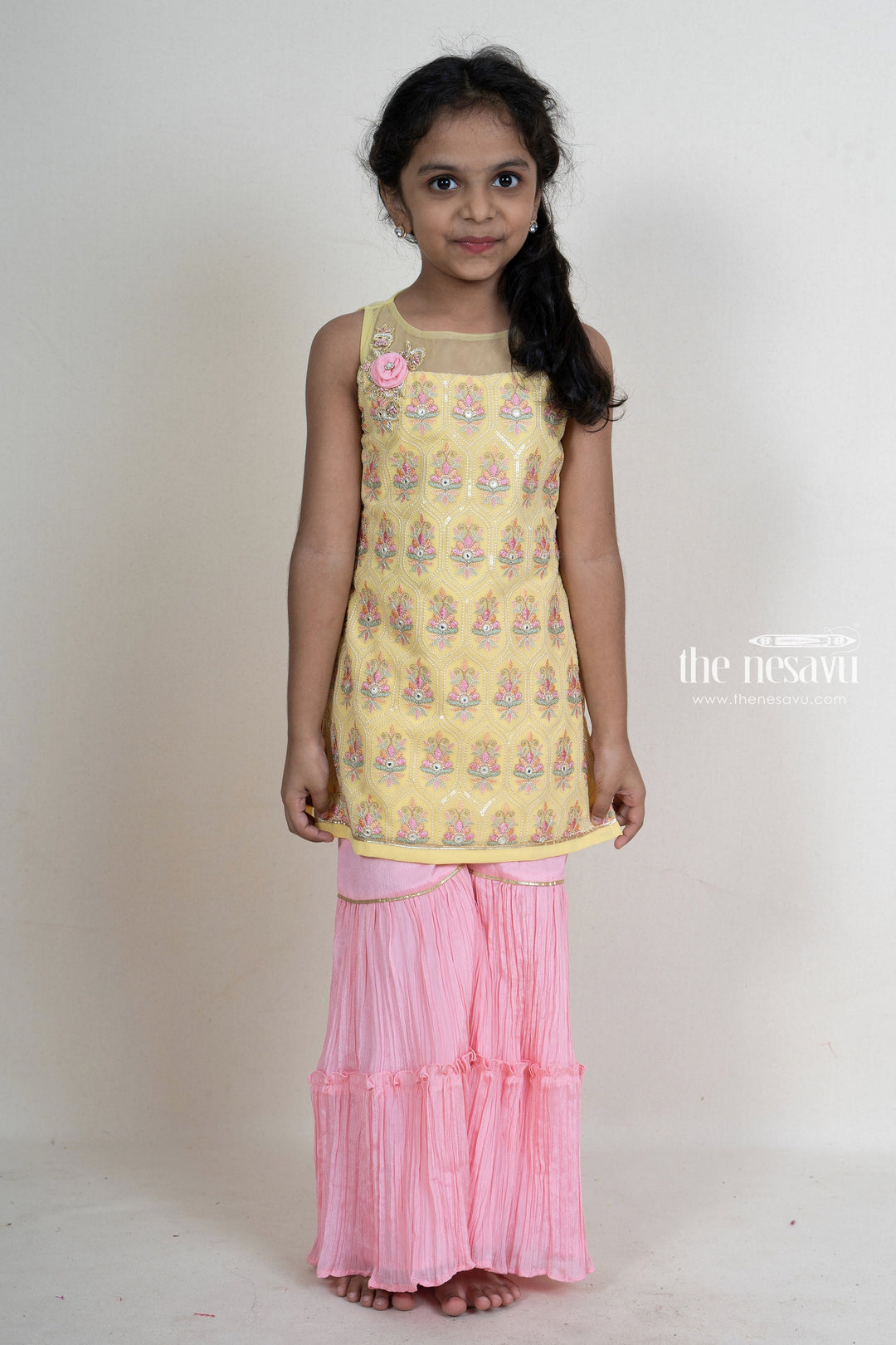 The Nesavu Sets & Suits Latest Embroidery Yellow With Pink Sharara Pant For Baby Girls psr silks Nesavu 16 (1Y) / yellow GPS078