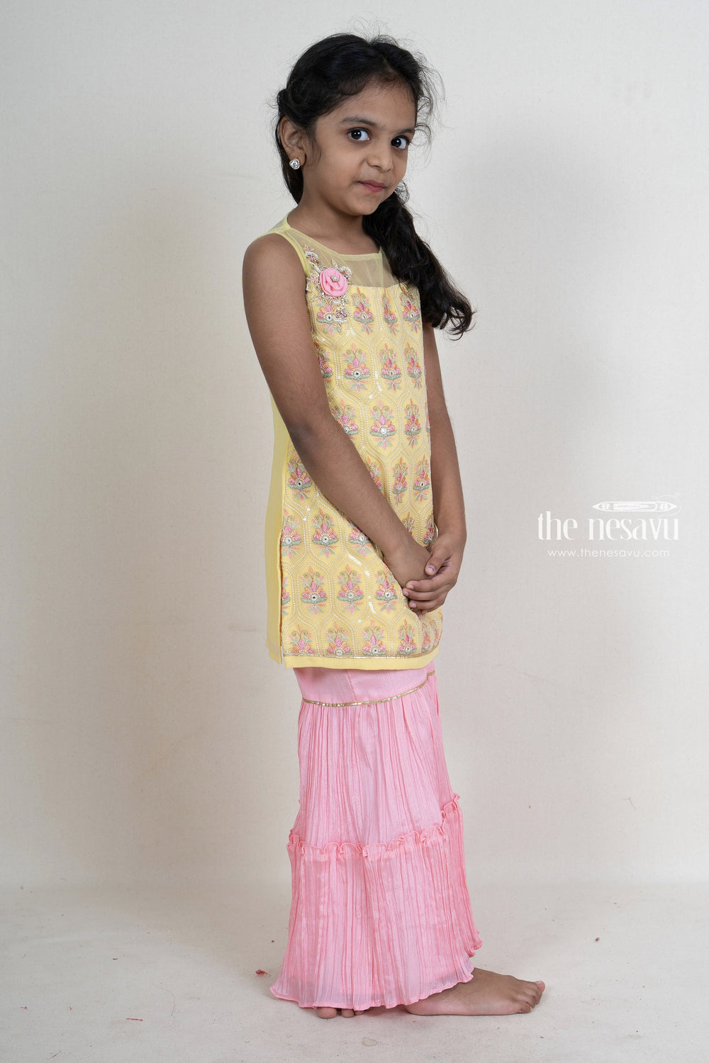 The Nesavu Sets & Suits Latest Embroidery Yellow With Pink Sharara Pant For Baby Girls psr silks Nesavu