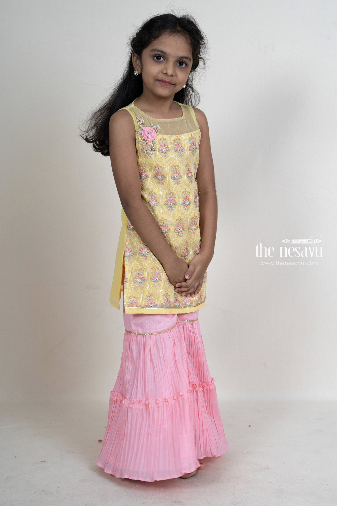 The Nesavu Sets & Suits Latest Embroidery Yellow With Pink Sharara Pant For Baby Girls psr silks Nesavu