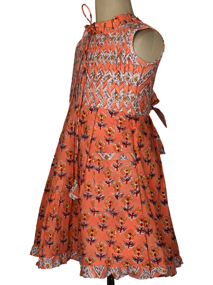 The Nesavu Frocks & Dresses Latest High-neck Ruffle with Pleated Yoke Jaipur Print Cotton Frock for Girls psr silks Nesavu
