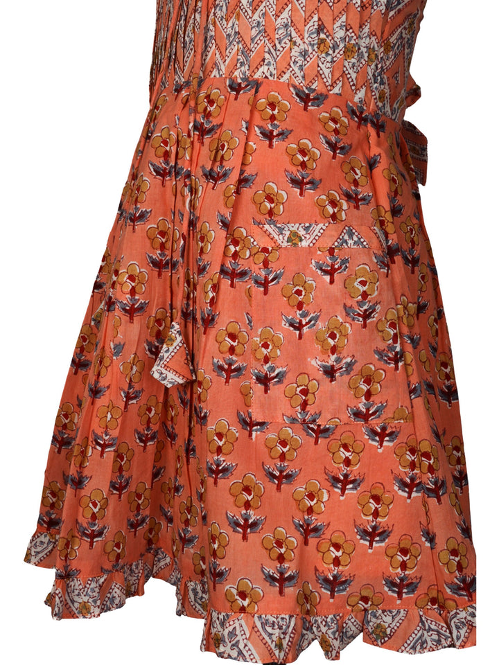 The Nesavu Frocks & Dresses Latest High-neck Ruffle with Pleated Yoke Jaipur Print Cotton Frock for Girls psr silks Nesavu