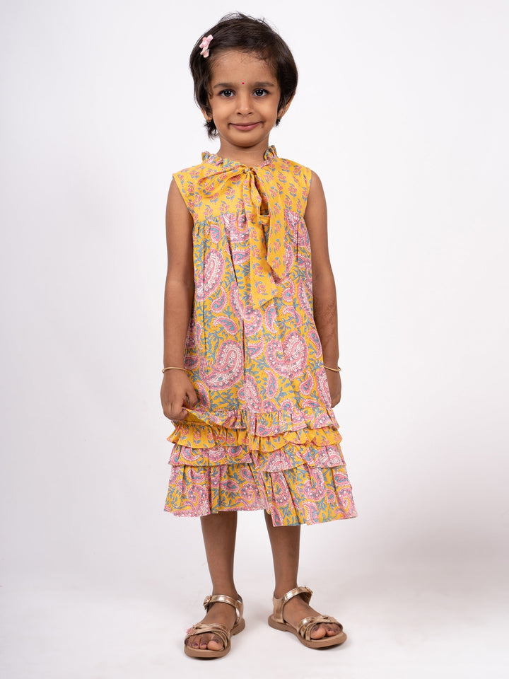 The Nesavu Frocks & Dresses Latest Paisley Printed Ruffled High-Neck Tie Up Cotton Gown psr silks Nesavu 16 (1Y ) / yellow GFC801