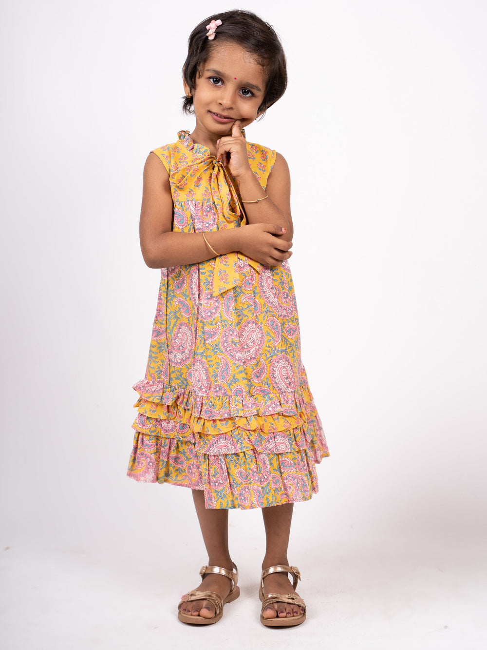 The Nesavu Frocks & Dresses Latest Paisley Printed Ruffled High-Neck Tie Up Cotton Gown psr silks Nesavu