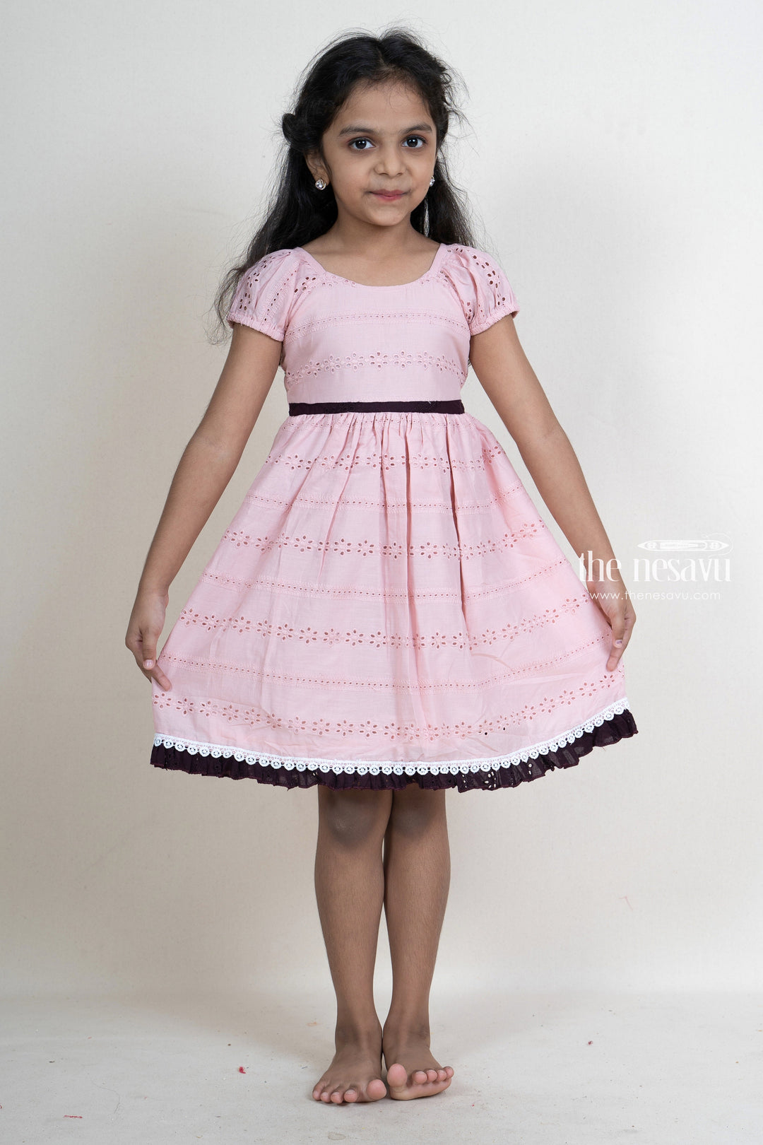 The Nesavu Frocks & Dresses Latest Pastel Pink Eyelet Lace Designer Cotton Wear For Baby Girls psr silks Nesavu