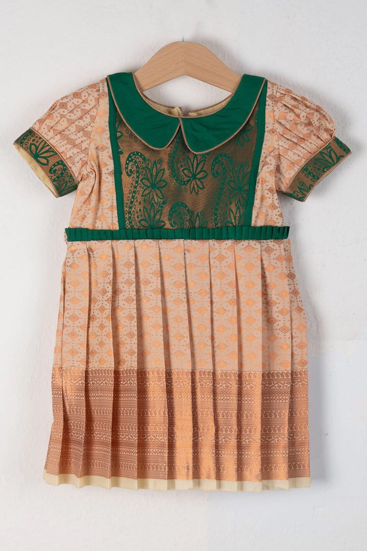 The Nesavu Silk Frocks Latest Peach Puff Semi-Kanchi Silk Frocks With Fabric Embellished Yoke For Little Girls psr silks Nesavu 14 (6M) / Green SF462A