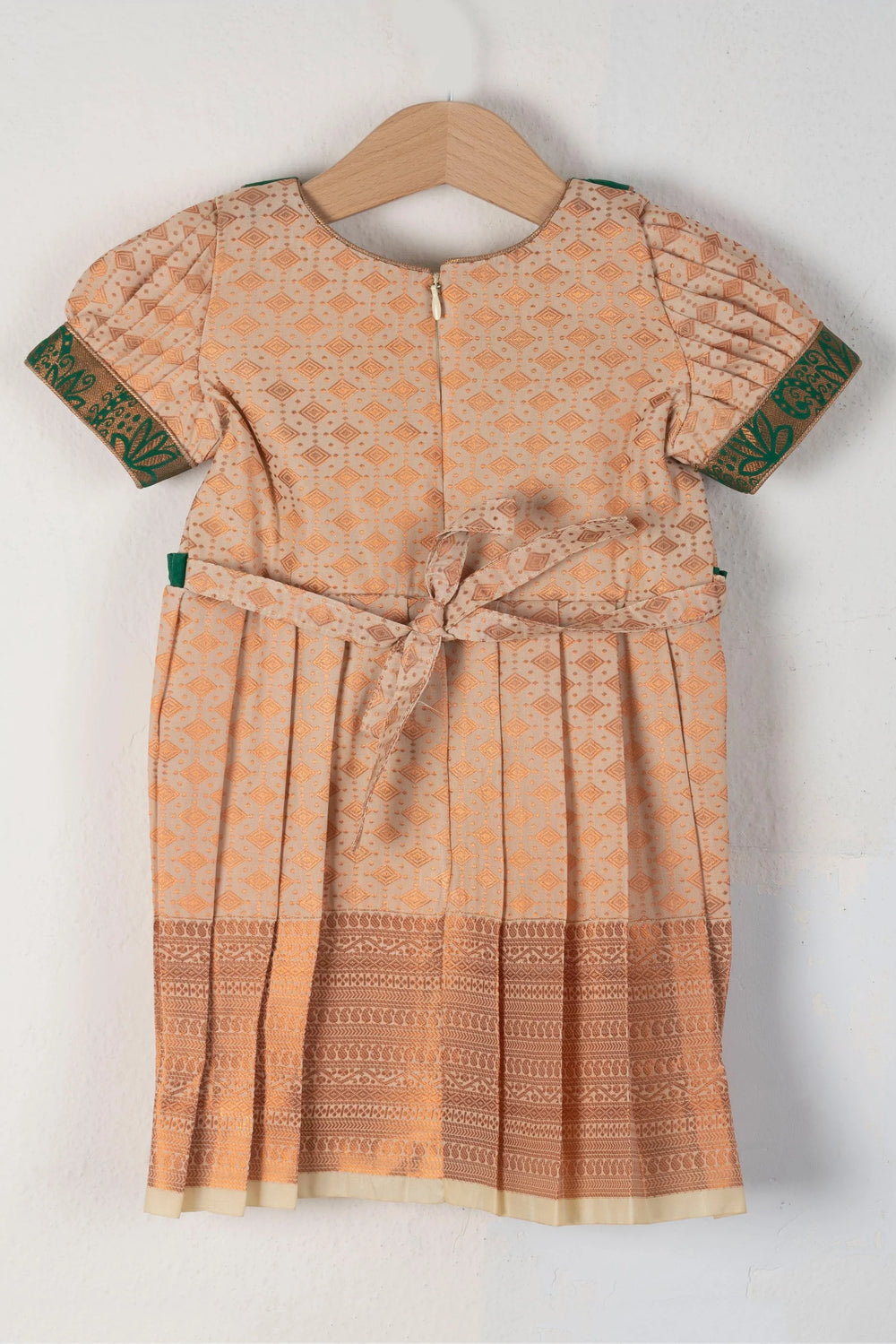 The Nesavu Silk Frocks Latest Peach Puff Semi-Kanchi Silk Frocks With Fabric Embellished Yoke For Little Girls psr silks Nesavu
