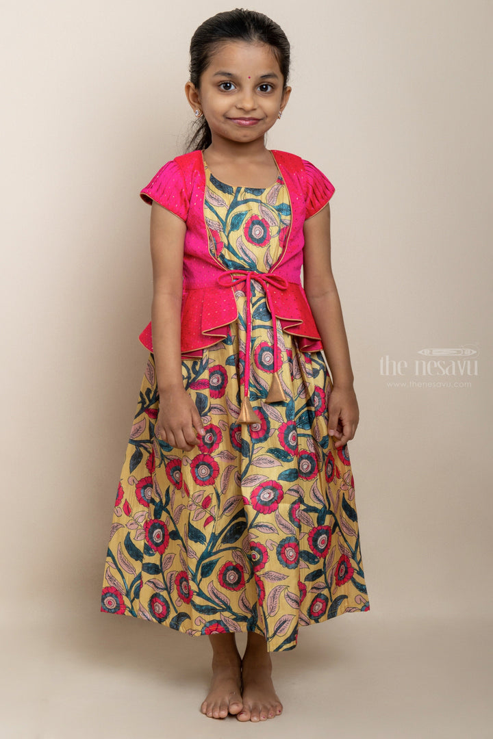 The Nesavu Kids Anarkali Latest Pink Floral Printed Silk Cotton Anarkali For Girls With Overcoat psr silks Nesavu 12 (3M) / multicolor GA125B