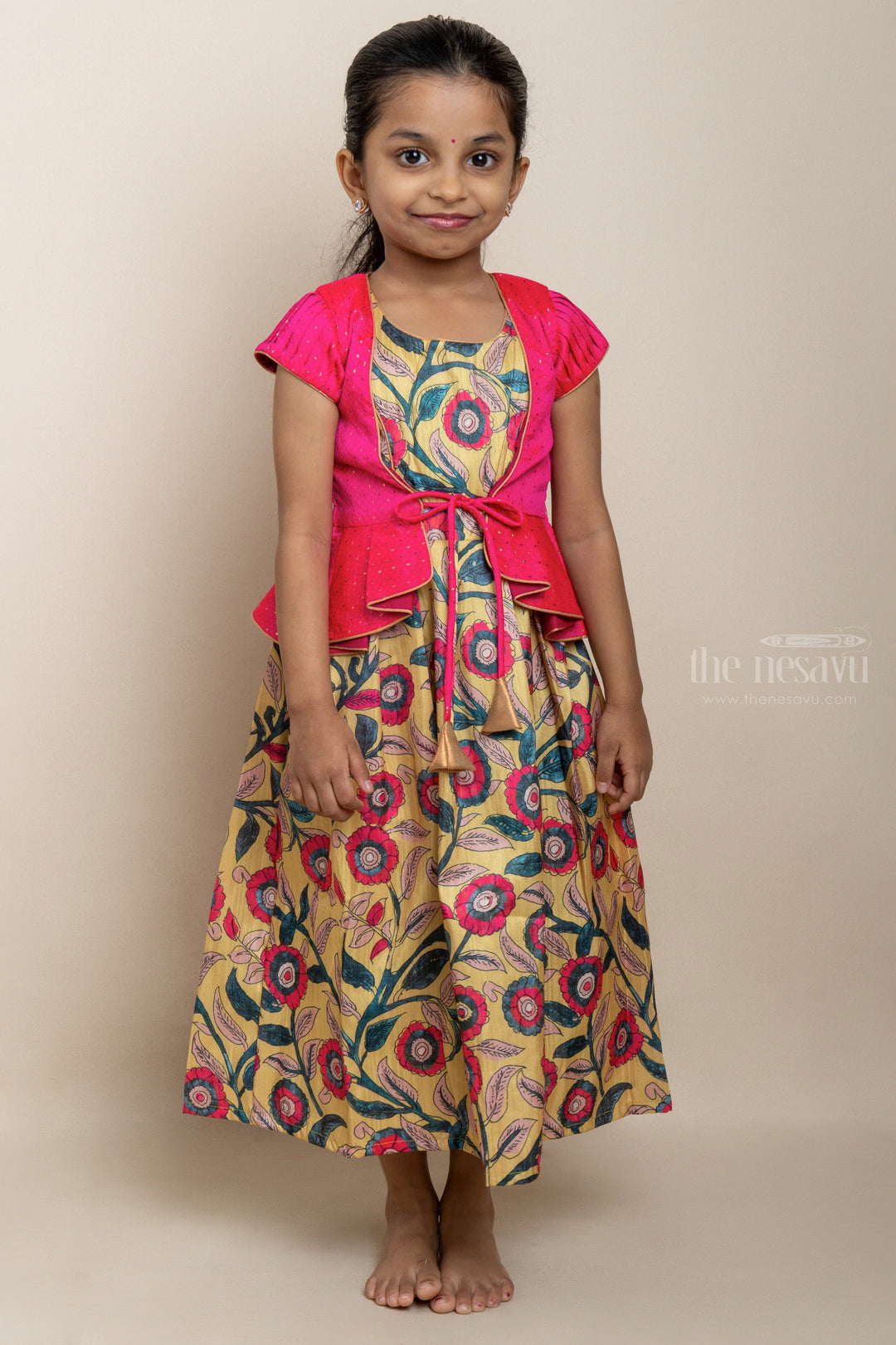 The Nesavu Kids Anarkali Latest Pink Floral Printed Silk Cotton Anarkali For Girls With Overcoat psr silks Nesavu 30 (8Y) / multicolor GA125B