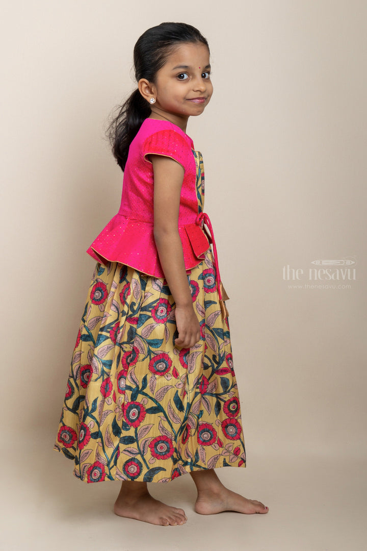 The Nesavu Kids Anarkali Latest Pink Floral Printed Silk Cotton Anarkali For Girls With Overcoat psr silks Nesavu