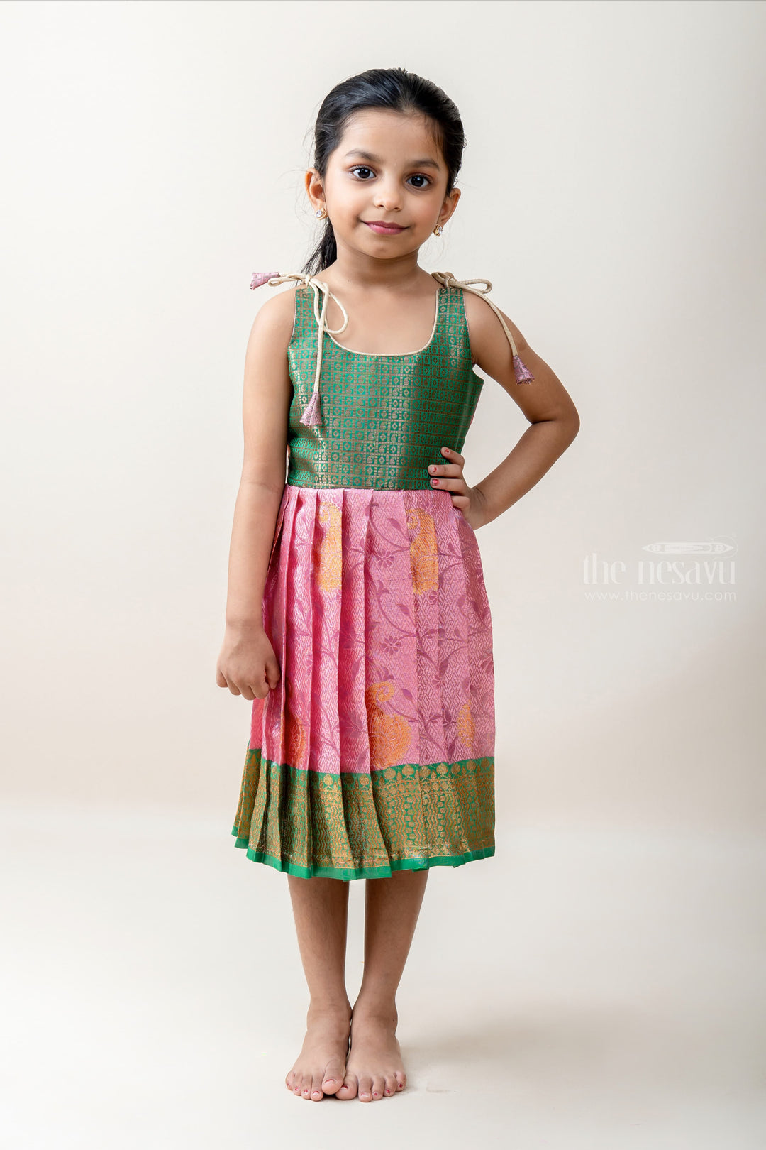 The Nesavu Tie-up Frock Latest Pink With Green Copper Zari Korva Border Readymade Silk Tie-Up Gown For Girls psr silks Nesavu 16 (1Y) / Pink T238A