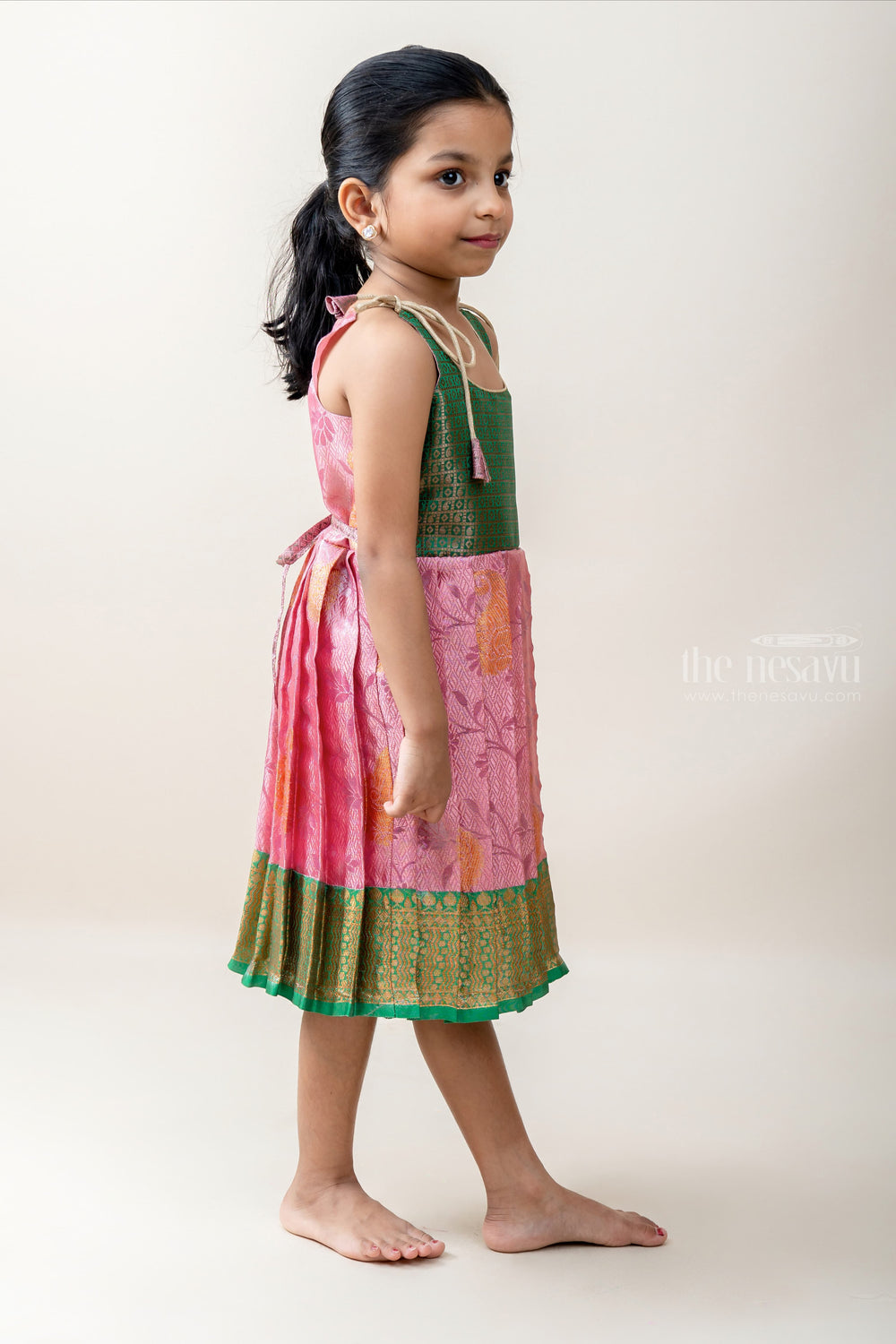 The Nesavu Tie-up Frock Latest Pink With Green Copper Zari Korva Border Readymade Silk Tie-Up Gown For Girls psr silks Nesavu