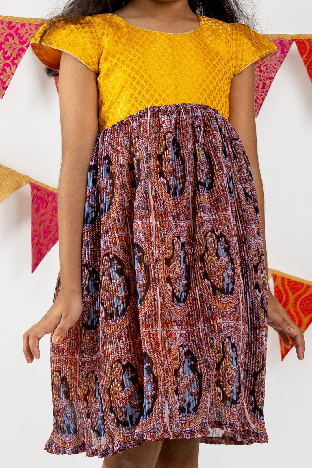 The Nesavu Frocks & Dresses Latest Semi-Crushed Crepe Gown With Contrasting Yellow Yoke For Girls psr silks Nesavu