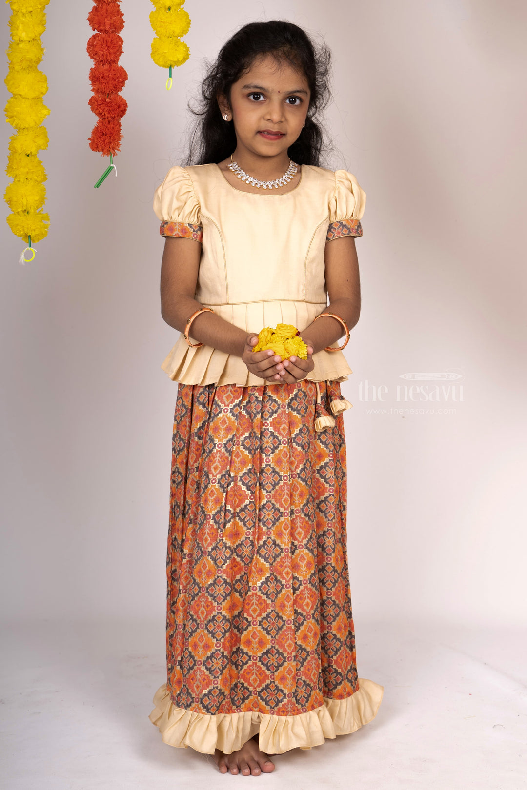 The Nesavu Pattu Pavadai Latest Semi Kanchi Silk Langa Voni For Girls With Designer Peplum Blouse psr silks Nesavu 14 (6M) / beige GPP233