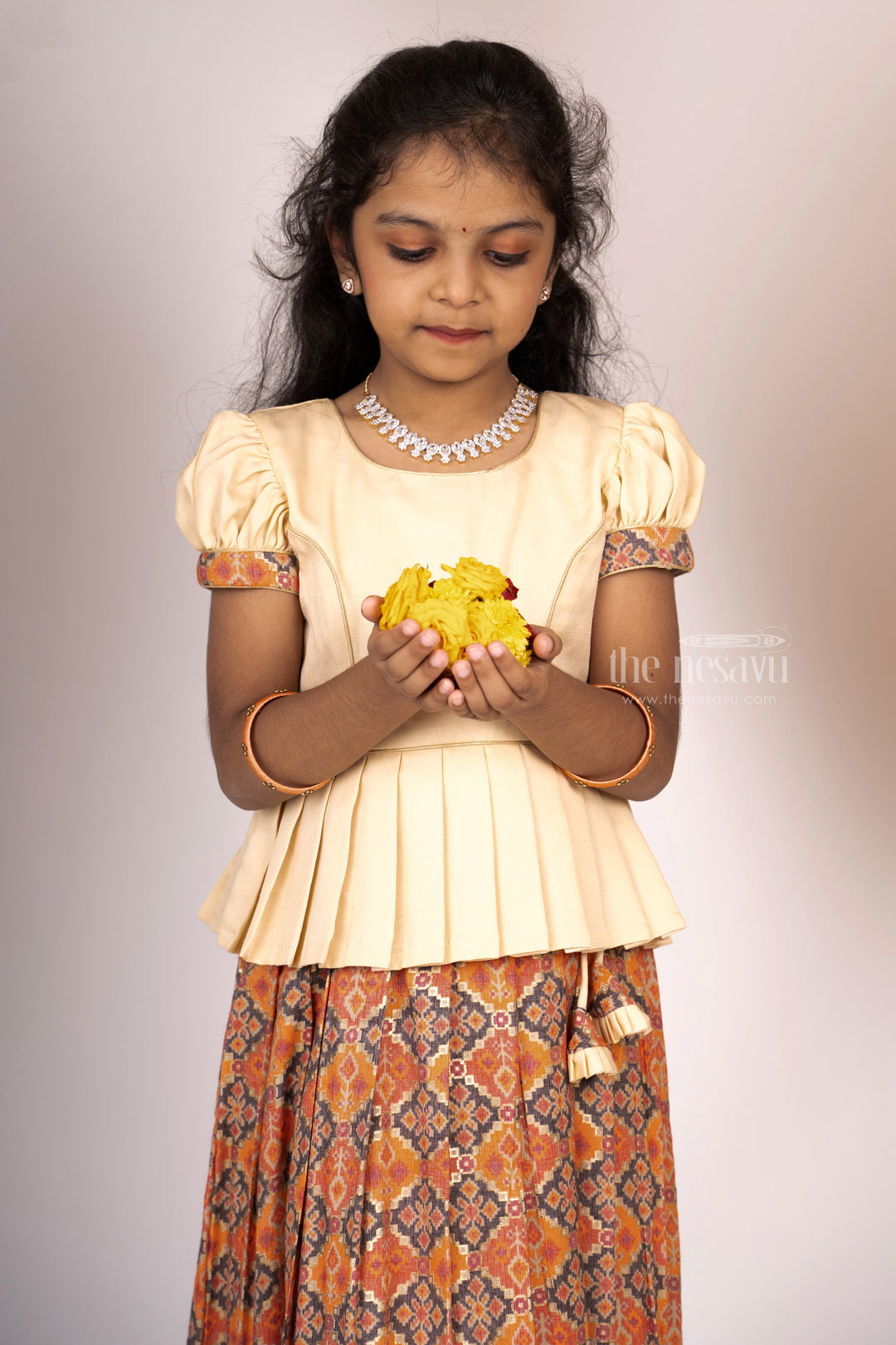 The Nesavu Pattu Pavadai Latest Semi Kanchi Silk Langa Voni For Girls With Designer Peplum Blouse psr silks Nesavu