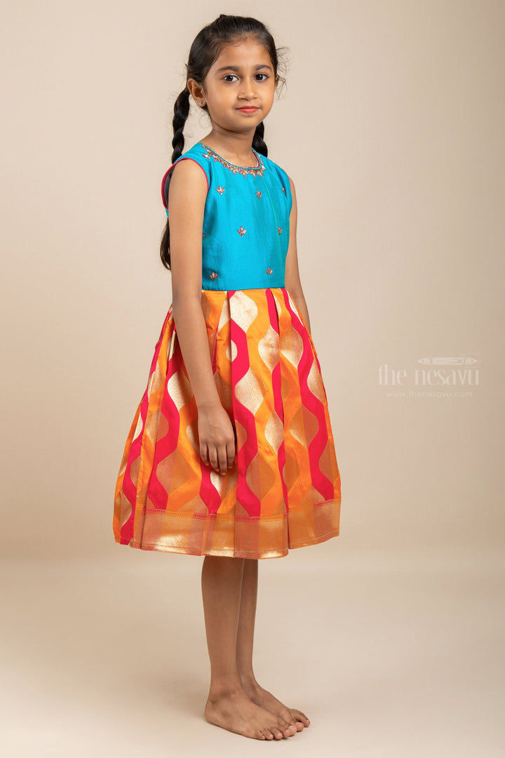 The Nesavu Silk frocks Latest Zari Designer Brocade Silk Gown With Contrasting Blue Hand Embroidery Yoke For Girls psr silks Nesavu