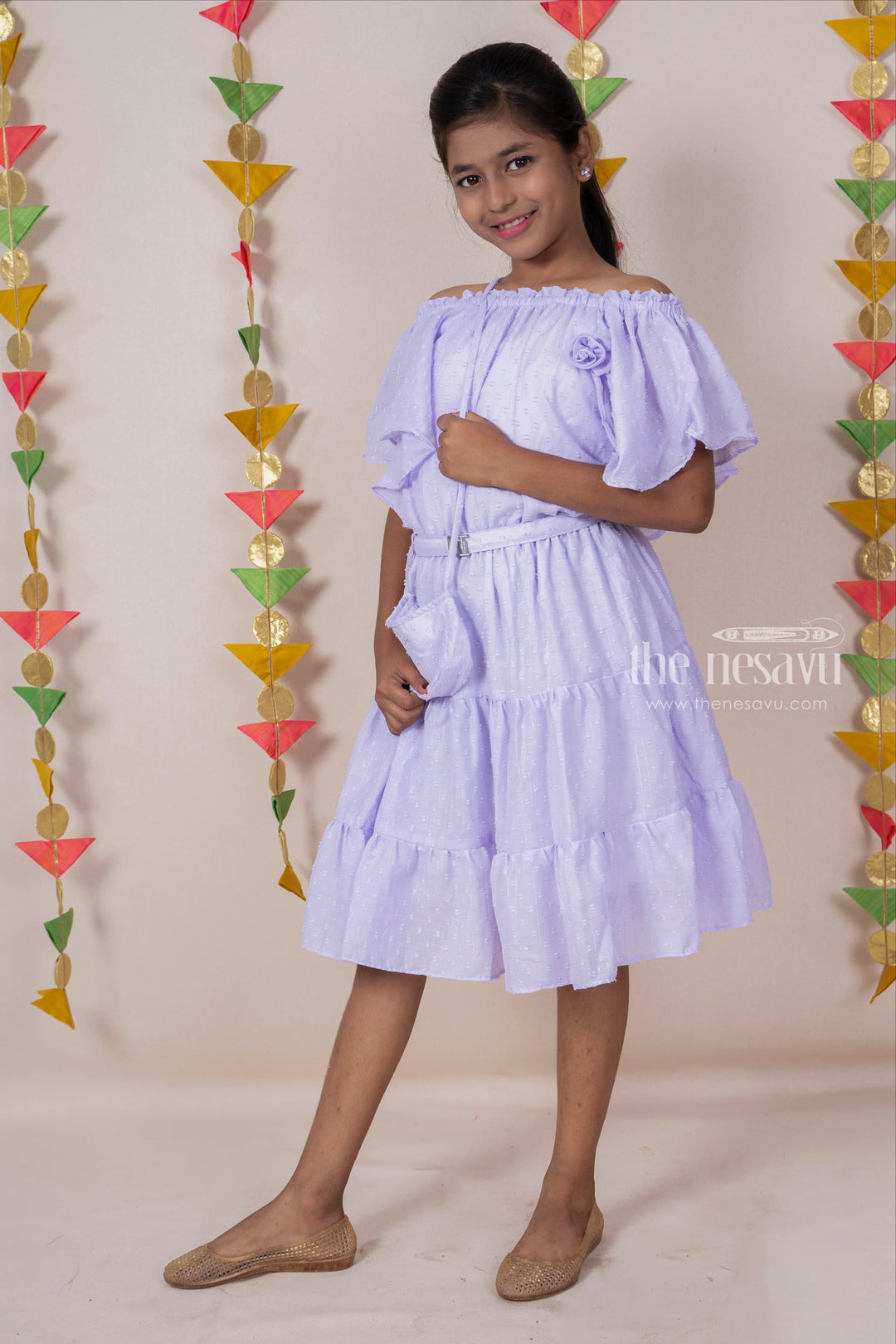 The Nesavu Frocks & Dresses Lavendar Off-Shoulder Designed Soft Cotton Frock For Baby Girls With Matching Bag psr silks Nesavu 22 (4Y) / lavendar GFC913B
