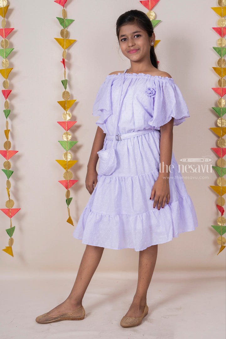 The Nesavu Frocks & Dresses Lavendar Off-Shoulder Designed Soft Cotton Frock For Baby Girls With Matching Bag psr silks Nesavu